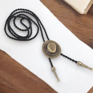 Vintage Western Antique Gold Cowboy Hat Braided Leather Bolo Tie NEW